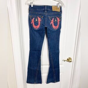 Y2K True Religion Joey Pink Painted Pocket Flare Jeans USA MADE Vintage Size 24